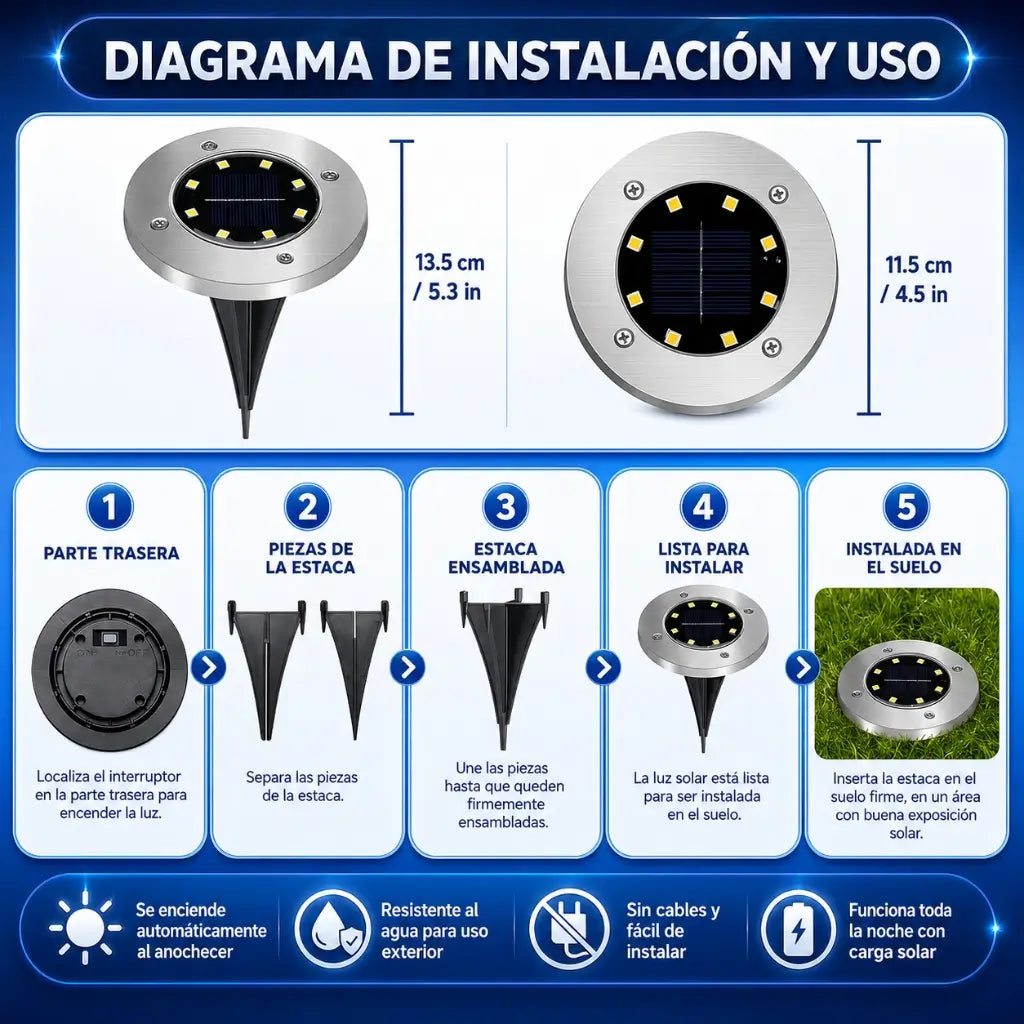 Set de 4 Luces Solares LED de Piso — Ilumina tu Patio Sin Pagar Un Peso de Luz