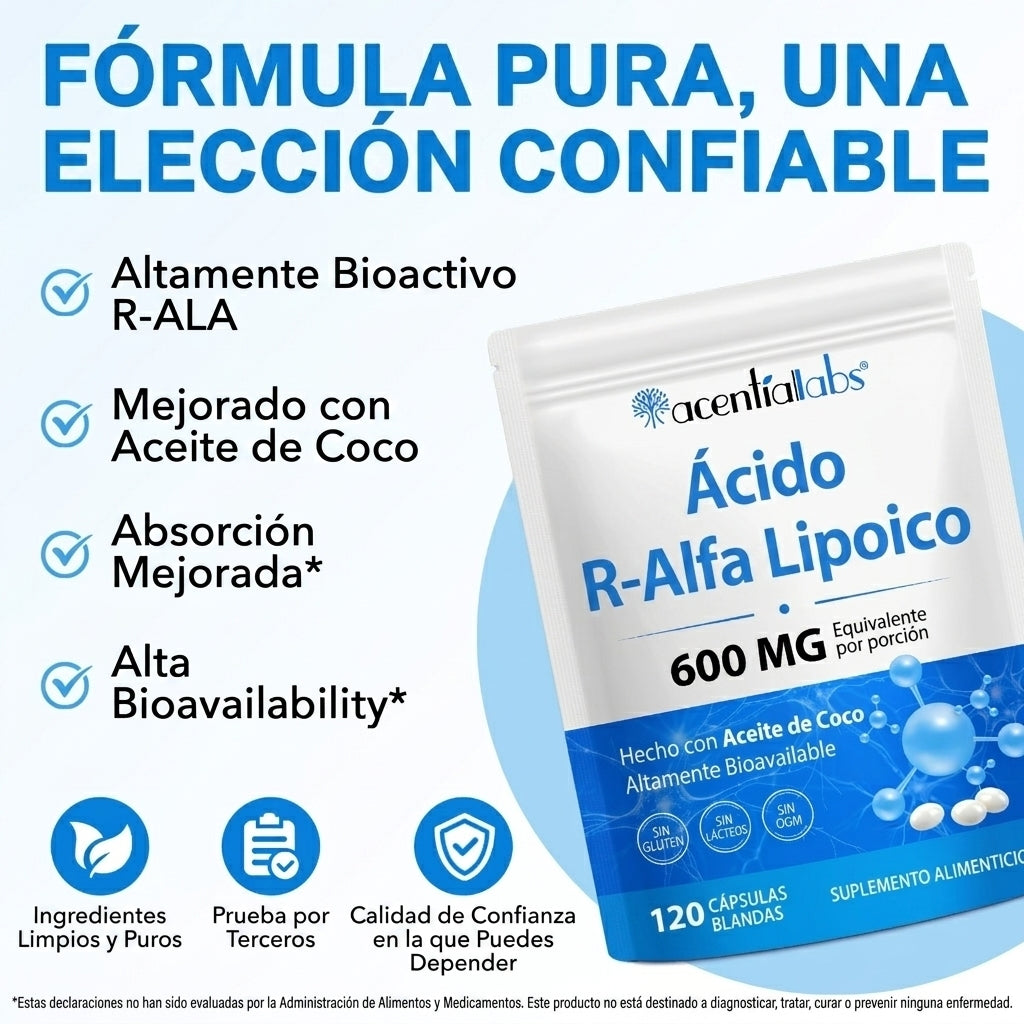 Ácido R-Alfa Lipoico Puro con Aceite de Coco MCT — El Antioxidante que Sí se Absorbe