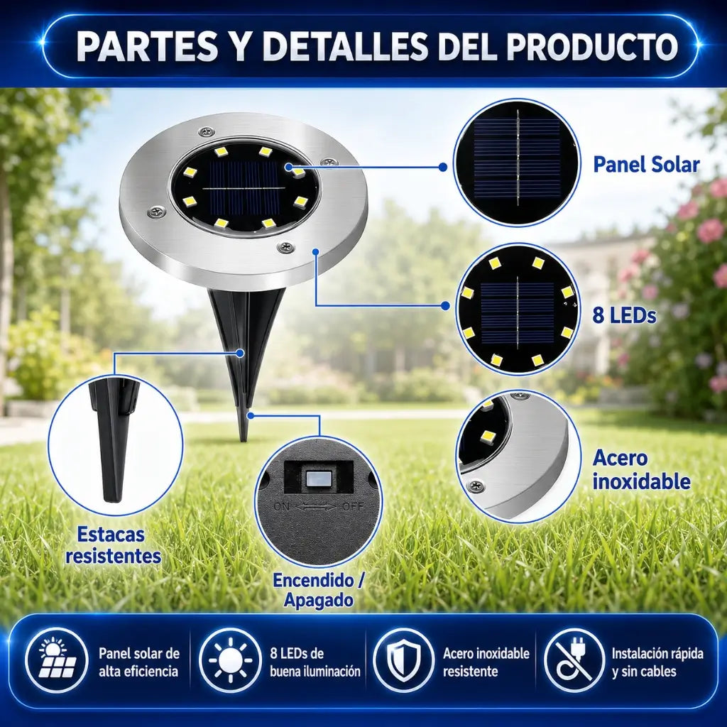 Set de 4 Luces Solares LED de Piso — Ilumina tu Patio Sin Pagar Un Peso de Luz
