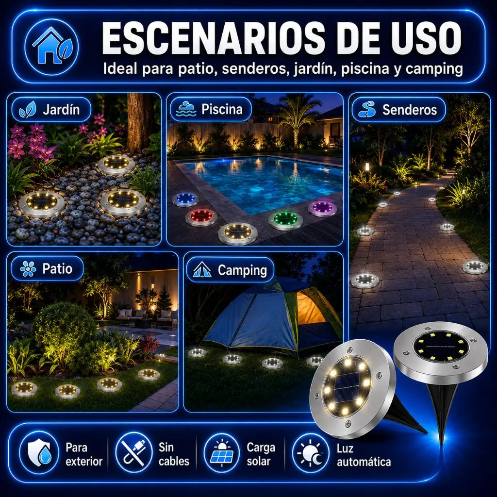 Set de 4 Luces Solares LED de Piso — Ilumina tu Patio Sin Pagar Un Peso de Luz